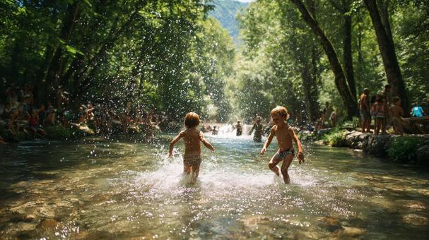 川遊びを楽しむ子供たち 川遊びを楽しむ子供たちの写真