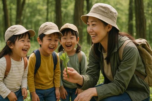 森で学ぶ子供と先生 森で学ぶ子供と先生の写真