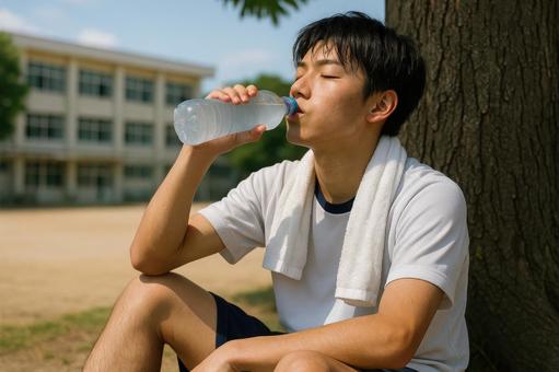 スポーツドリンクで水分補給する学生の写真