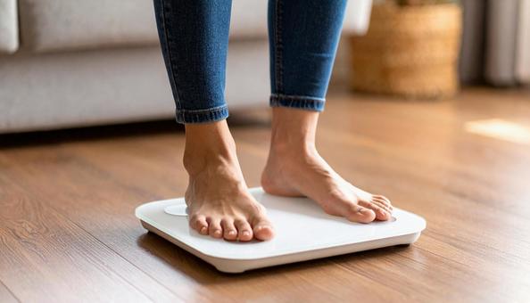 白い体重計に足を乗せる若い女性 白い体重計に足を乗せる若い女性の写真