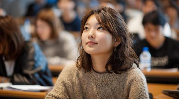 大学の講義を受ける女学生 大学の講義を受ける女学生の写真