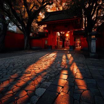 秋の寺院、朱門に差す光と石畳に広がる影 秋の寺院、朱門に差す光と石畳に広がる影の写真