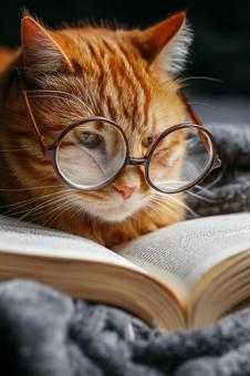 読書好きの猫:眼鏡をかけた賢い表情 読書好きの猫:眼鏡をかけた賢い表情の写真