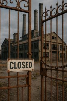 閉鎖された工場の門（錆びた柵と看板）の写真
