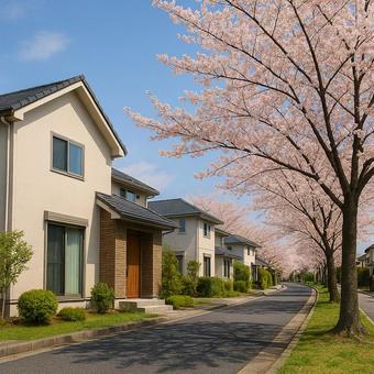 桜並木と住宅街 桜並木と住宅街の写真