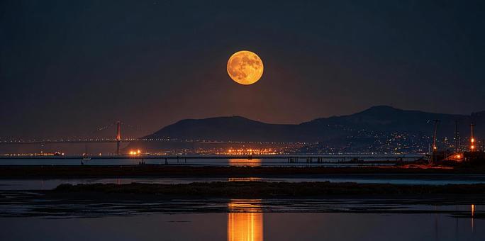 湾に昇る大きな満月と夜景の輝き 湾に昇る大きな満月と夜景の輝きの写真