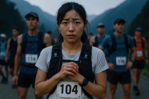 スタート地点で緊張の表情を見せる女性 スタート地点で緊張の表情を見せる女性の写真