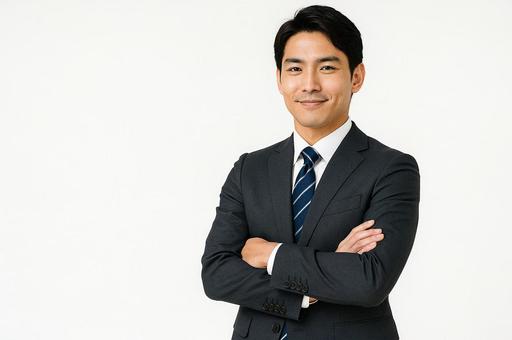 腕を組んで自信を持って微笑むサラリーマンの写真