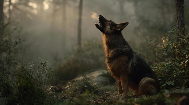 光を見上げて吠える犬 光を見上げて吠える犬の写真