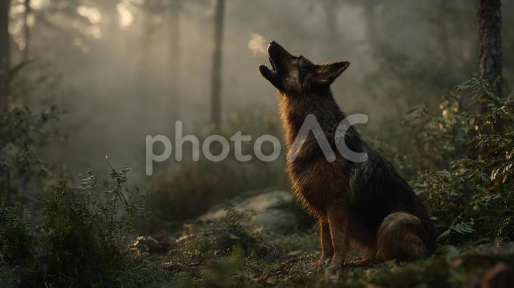 光を見上げて吠える犬 ジャーマンシェパード,犬,動物の写真素材