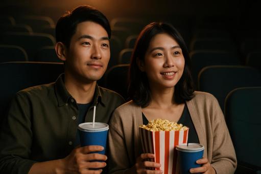 映画館で深夜上映を観るカップル 映画館で深夜上映を観るカップルの写真