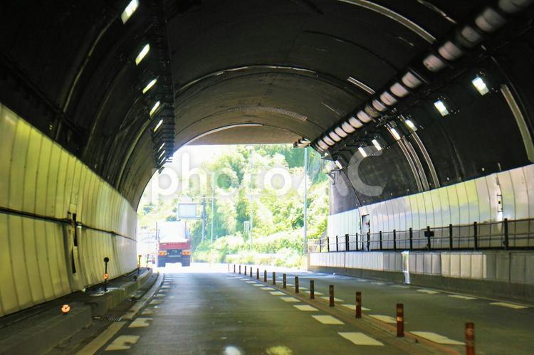 トンネルを通過したトラック　新緑の中へ トンネル,出口,通過の写真素材