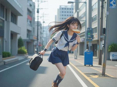 食パンを咥えながら通学路を走る女子高生 食パンを咥えながら通学路を走る女子高生の写真