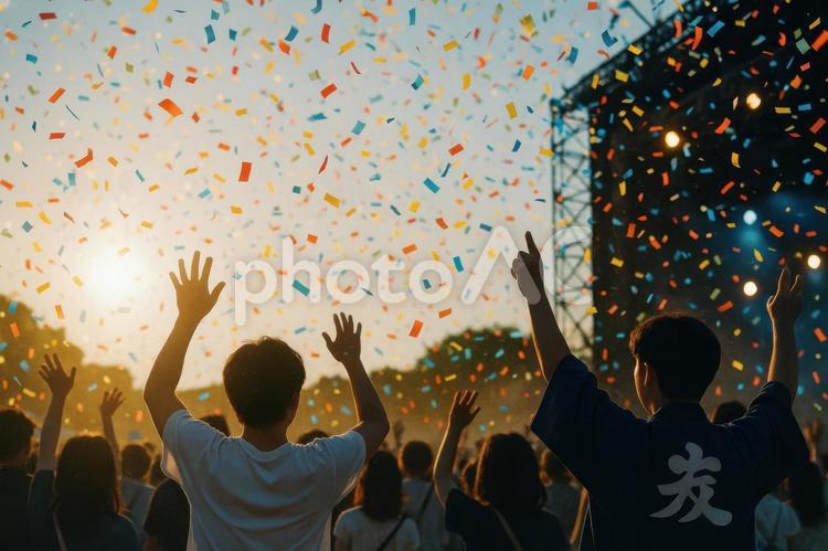 紙吹雪と観客のシルエット フェス,紙吹雪,シルエットの写真素材