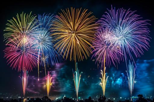 夏の夜空を彩る迫力ある花火 夏の夜空を彩る迫力ある花火の写真