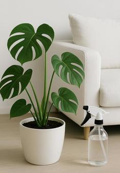 観葉植物と霧吹き 観葉植物と霧吹きの写真