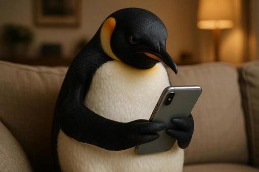 スマホの画面を真剣な表情で見るペンギン スマホの画面を真剣な表情で見るペンギンの写真