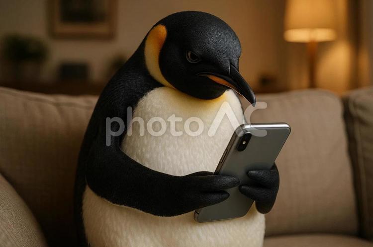 スマホの画面を真剣な表情で見るペンギン ペンギン,生き物,動物の写真素材