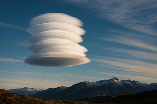 山脈の上空に浮かぶレンズ雲・吊るし雲 山脈の上空に浮かぶレンズ雲・吊るし雲の写真