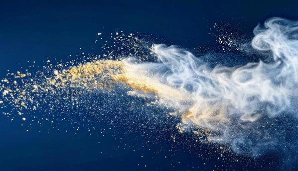 青背景に舞う金粉と白い煙の幻想的デザイン 青背景に舞う金粉と白い煙の幻想的デザインの写真