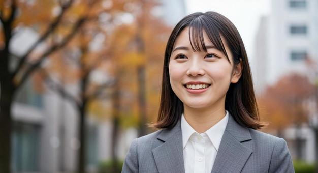 秋のオフィス街 素敵な笑顔の女性 秋のオフィス街 素敵な笑顔の女性の写真