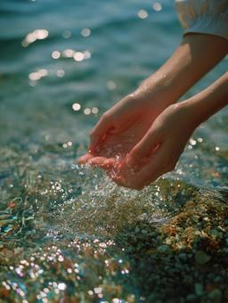 きらめく水面に手を浸す優雅な瞬間 きらめく水面に手を浸す優雅な瞬間の写真