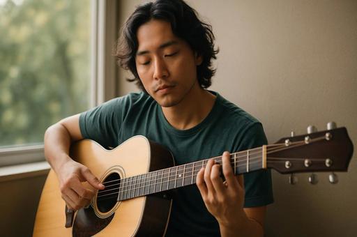 窓辺で奏でるギターの時間の写真