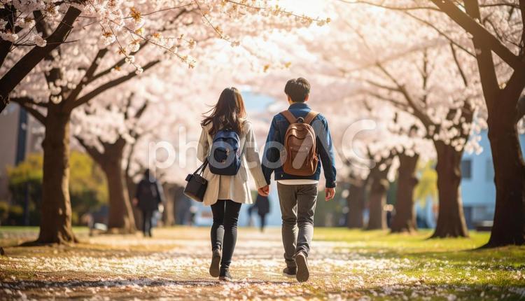 大学のキャンバスを並んで歩く二人の大学生 学生,大学,男女の写真素材