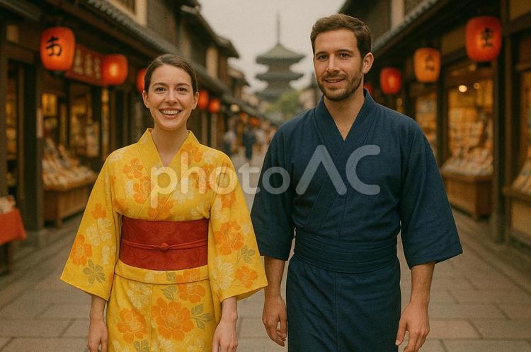 浴衣を着た外国人　夏の観光 浴衣,外国人,女性の写真素材