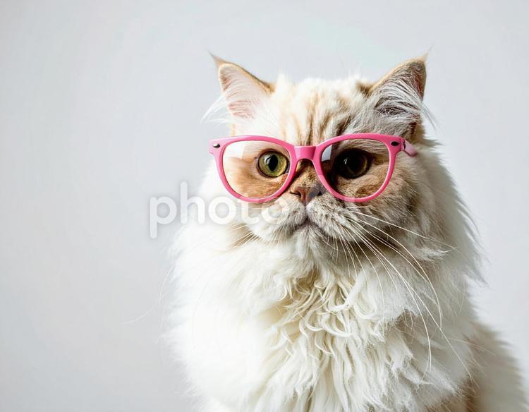 ピンク色の眼鏡と猫 猫,メガネ,ピンク色の写真素材