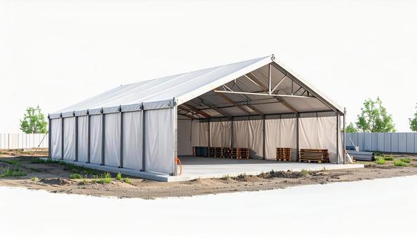建設資材を保管するためのテント倉庫 建設資材を保管するためのテント倉庫の写真