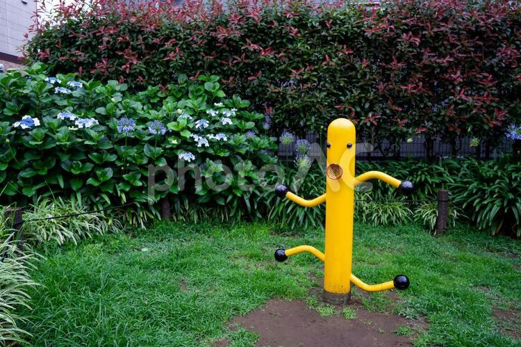 公園にいた謎の黄色い遊具とあじさい 公園,屋外,植物の写真素材