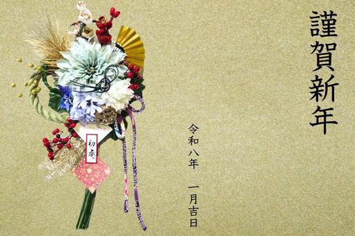 初春を迎えるしめ縄飾り　淡い花と金扇 正月,謹賀新年,年賀状の写真素材