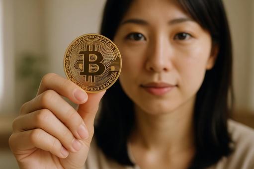 女性の手とビットコイン 女性の手とビットコインの写真