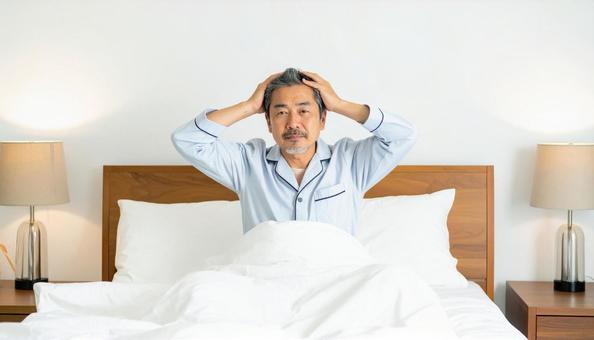 寝起きで座って頭を抱えるパジャマ姿の男性の写真