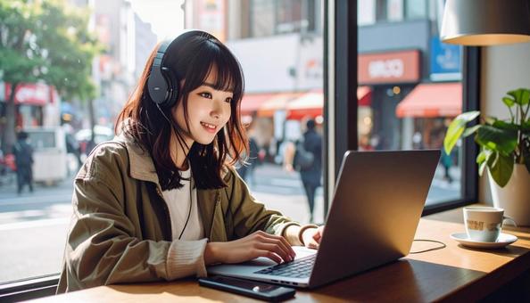 カフェで仕事をするフリーランス女性 カフェで仕事をするフリーランス女性の写真