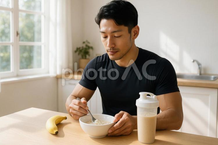 筋トレ前の朝食風景 筋トレ,朝食,日本人の写真素材