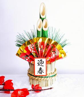 門松、梅、雪 正月,門松,梅の写真素材