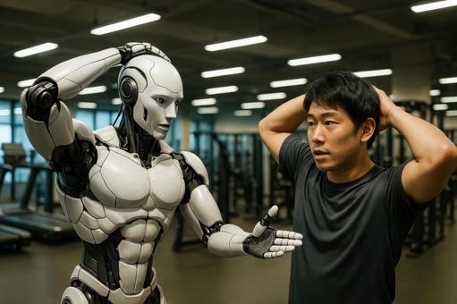 ジムでトレーニング指導するロボット ジムでトレーニング指導するロボット ロボット,日本,ジムの写真素材
