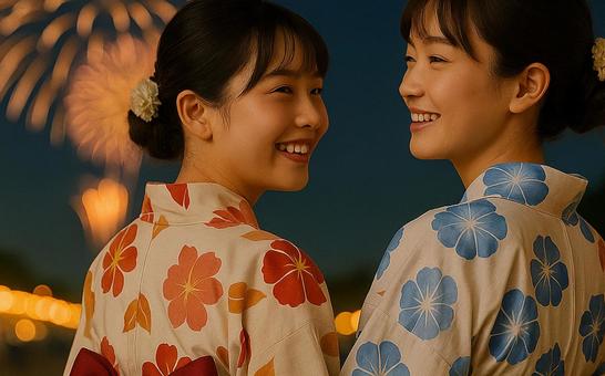 浴衣で花火を楽しむ仲良し女性2人(AI) 浴衣で花火を楽しむ仲良し女性2人(AI)の写真