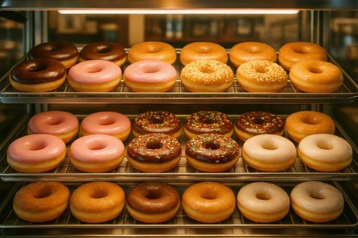 ショーケースに整然と並ぶドーナツ ショーケースに整然と並ぶドーナツの写真