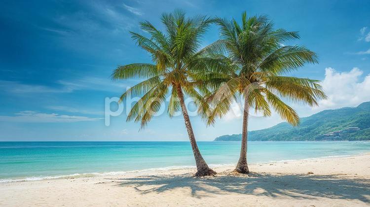 ココナッツの木がそびえる透明度の高い海辺 ヤシの木,ココナッツの木,熱帯の写真素材