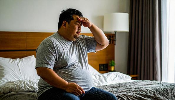 肥満で疲れやすく、額に手をやる男性 肥満で疲れやすく、額に手をやる男性の写真