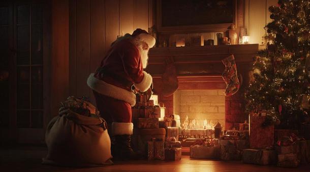 クリスマスの夜に贈り物を届けるサンタの写真