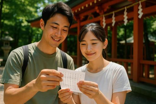神社でおみくじを読むカップル 神社でおみくじを読むカップルの写真