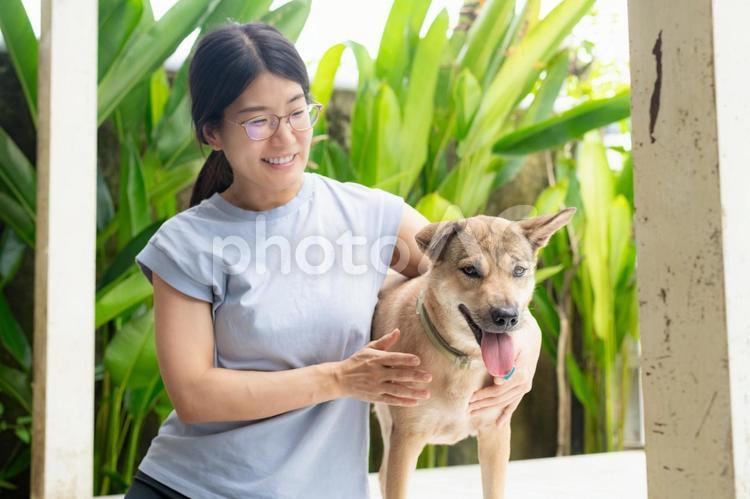 笑顔の女性とペットの犬 女性,犬,ペットの写真素材
