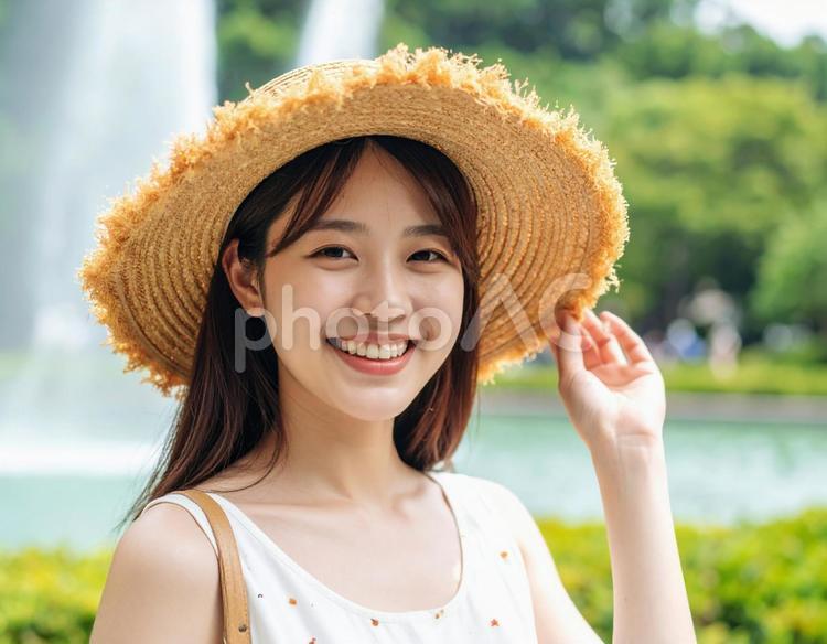 麦わら帽子の彼女と、都市公園の噴水 女性,笑顔,麦わら帽子の写真素材