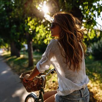 緑豊かな道を自転車で進む爽やかな夏の日 緑豊かな道を自転車で進む爽やかな夏の日の写真