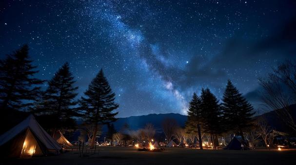 夜のキャンプ場と天の川 夜のキャンプ場と天の川の写真