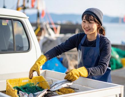水揚げした魚介類を軽トラに積む漁師の女性 水揚げした魚介類を軽トラに積む漁師の女性の写真